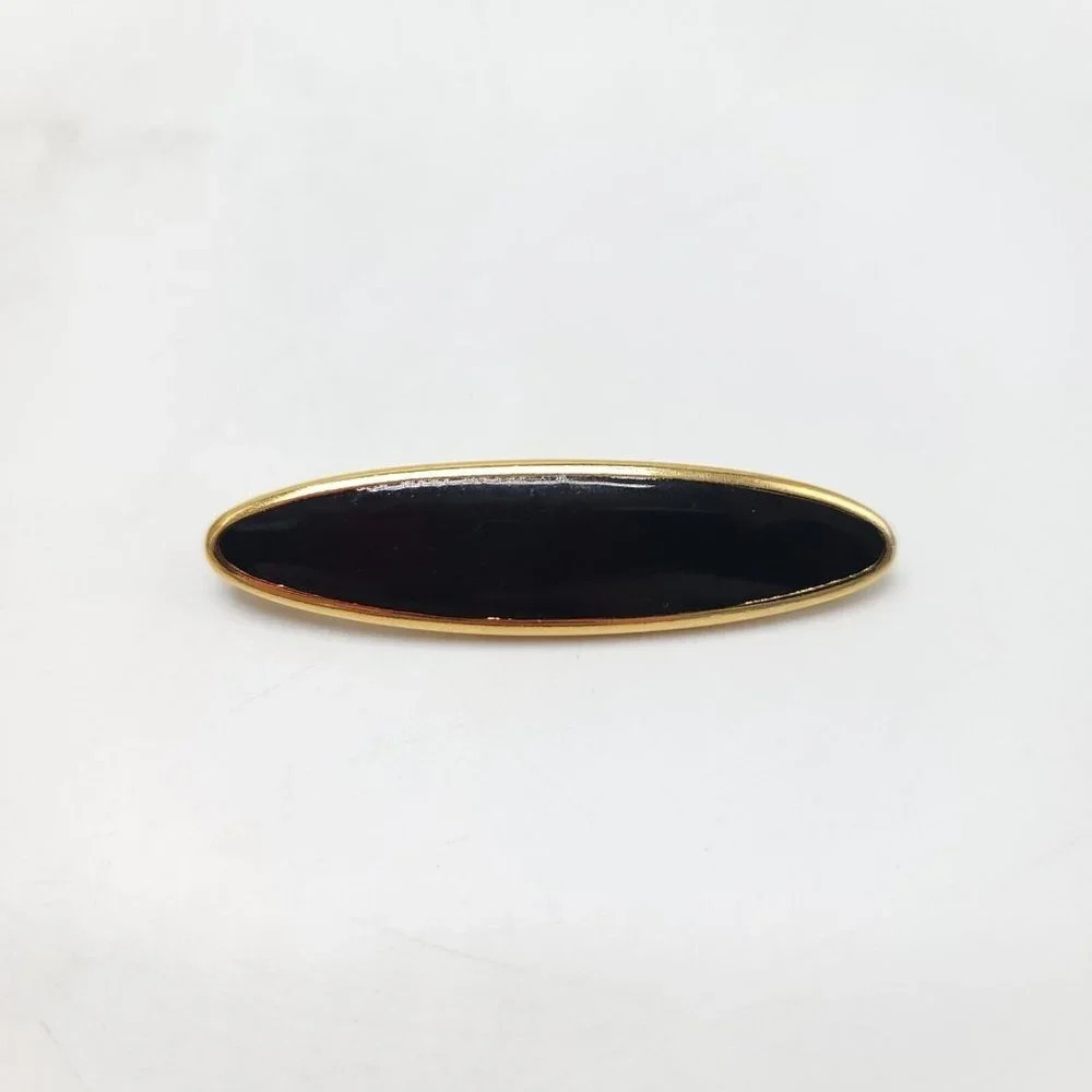 Monet Black Enamel Gold Tone Oval Long Vintage Brooch